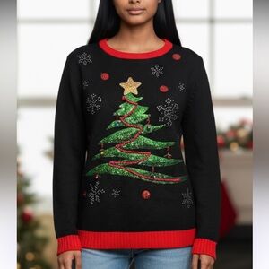Holiday Time Ugly Christmas Sweater Rhinestone Blizzard Design Sequins Tree Sz L